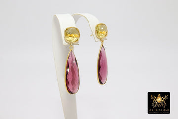 Citrine Stud Earrings, Gold, 925 Long Pink Tourmaline and Lemon Quartz Teardrop Gemstone Women's Jewelry - A Girls Gems